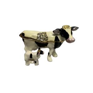 Cow & Calf B & W Rhinestones & Gold Trim Jewelry Trinket Box